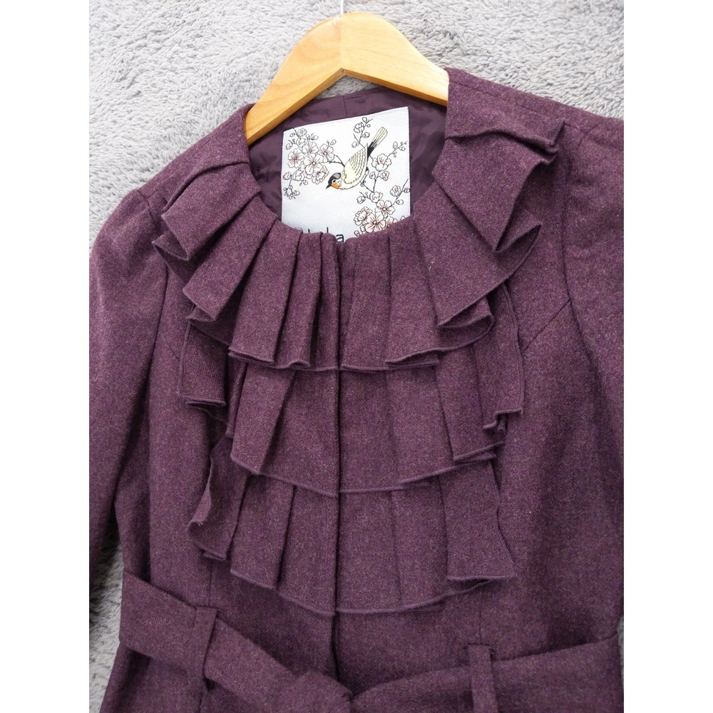 Anthropolgie Tabitha Foliage Finder Wool Jacket Ruffle Front Belted Purple - Picture 2 of 7